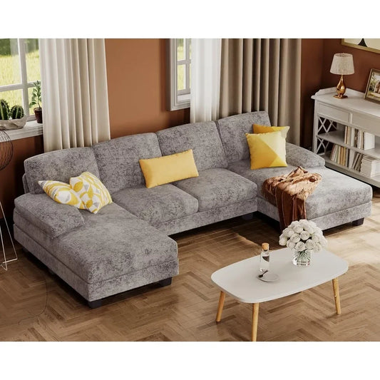 U-Shaped Sofa Couch with Linen Fabric  and Double Chaise