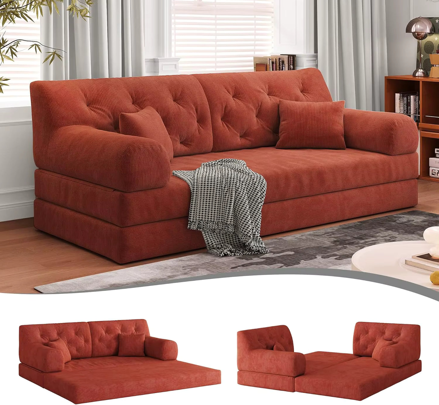 Convertible Sofa Bed with Pillows, Corduroy with Fixed-Shape Frame