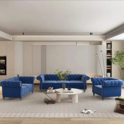 3 Piece Living Room Set- Velvet Chesterfield Sofa Loveseat  Chair