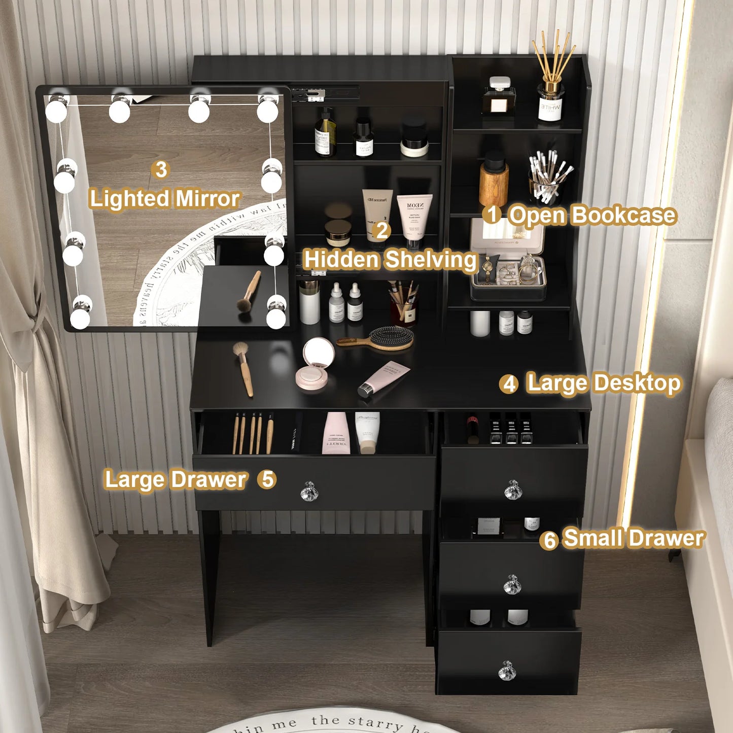 LED Vanity Set, 3 Light Modes Mirror, 4 Drawers & Stool