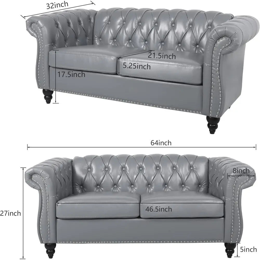 2-Piece Set: Chesterfield Leather Sofa with Scroll Arms and Nailhead Trim