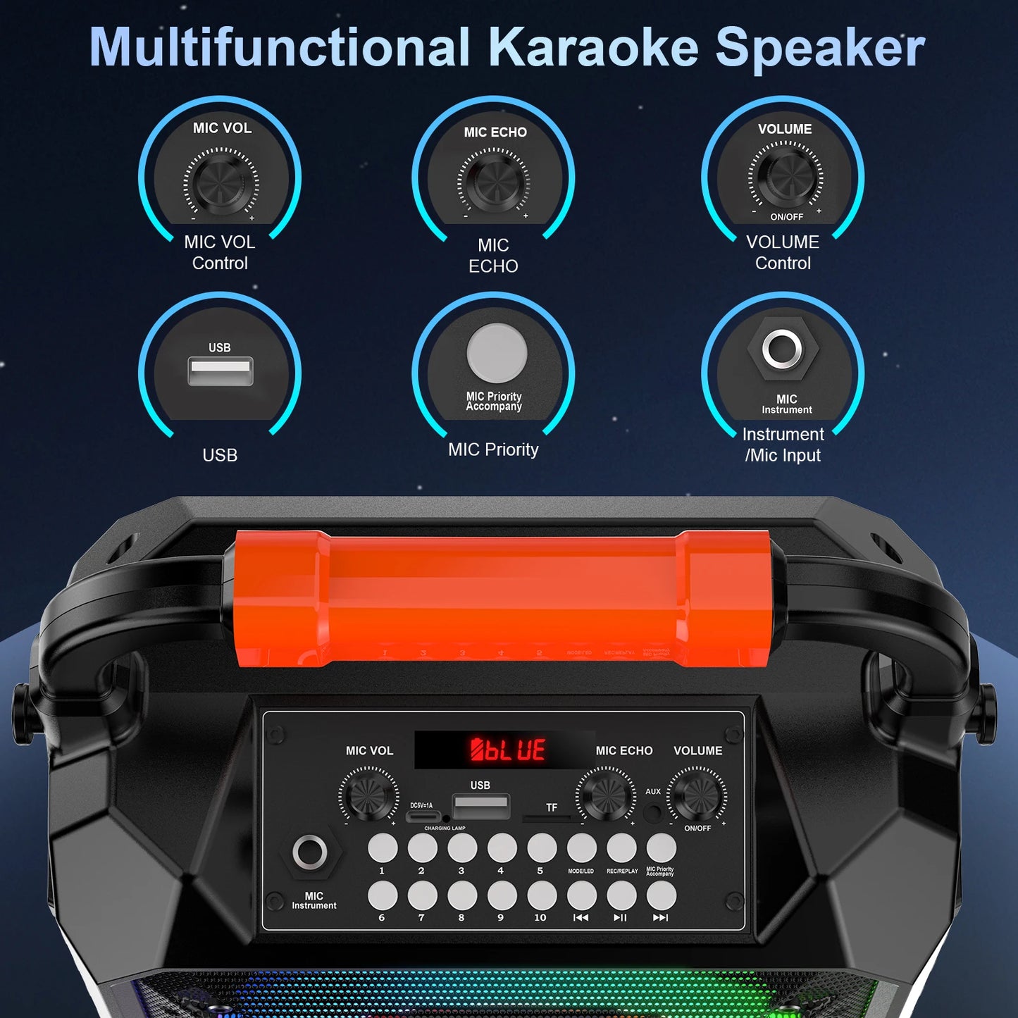 Karaoke Machine with 2 Wireless Microphones, Portable Speaker with LED Lights