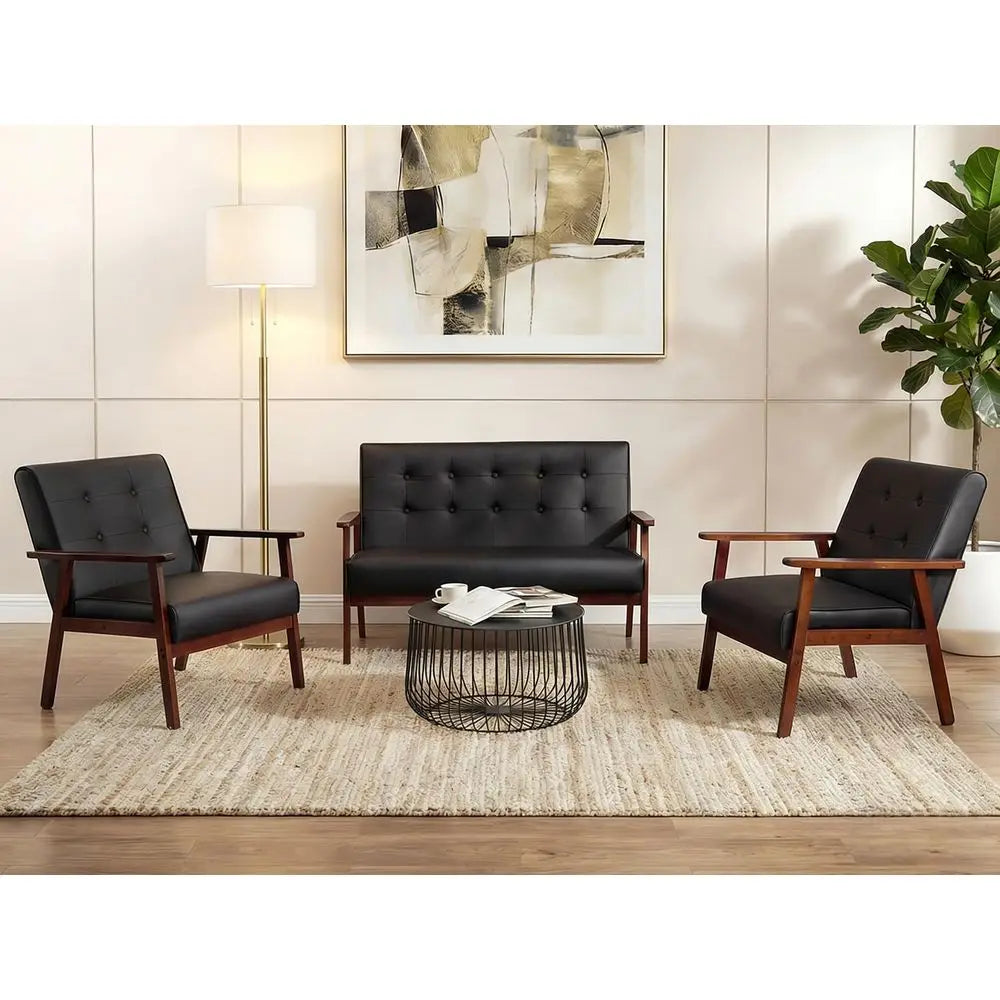 1 Loveseat Sofa and 2 Accent Chairs Set  Wood Arms