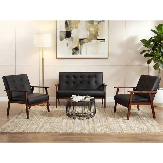 1 Loveseat Sofa and 2 Accent Chairs Set  Wood Arms