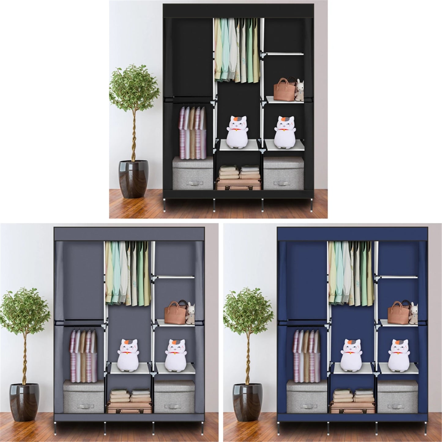 Portable Closet Wardrobe Clothes Rack Storage Organizer with Shelf Gray