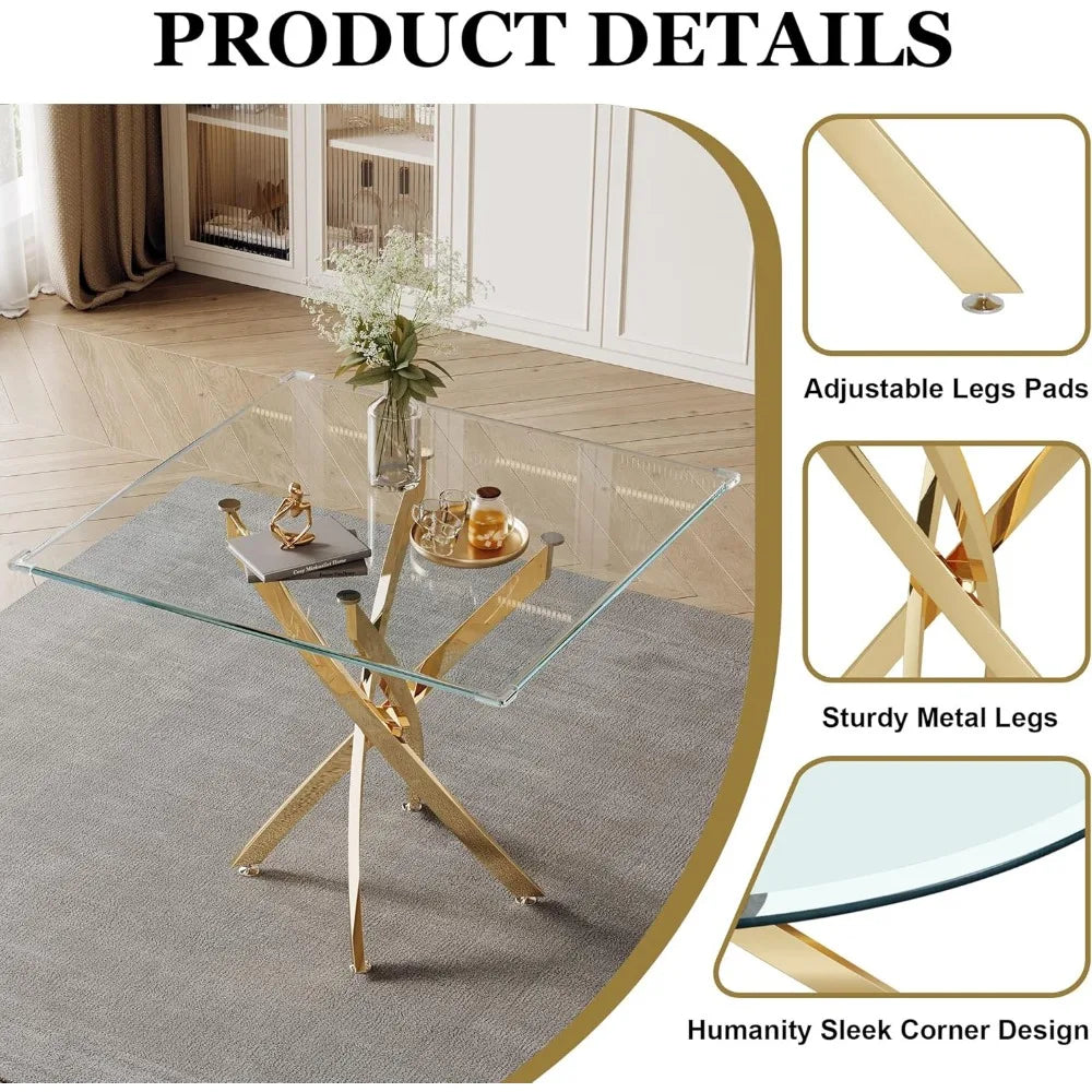Glass Dining Table Set for 4, 5-Piece Square Gold Kitchen Table Set with 4 White Upholstered Chair, Tempered Glass Dining Room T