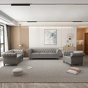 3 Piece Living Room Set- Velvet Chesterfield Sofa Loveseat  Chair