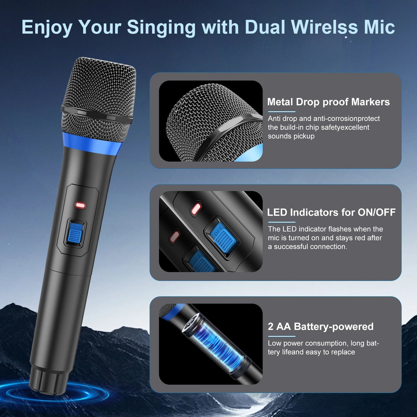 Karaoke Machine with 2 Wireless Microphones, Portable Speaker with LED Lights