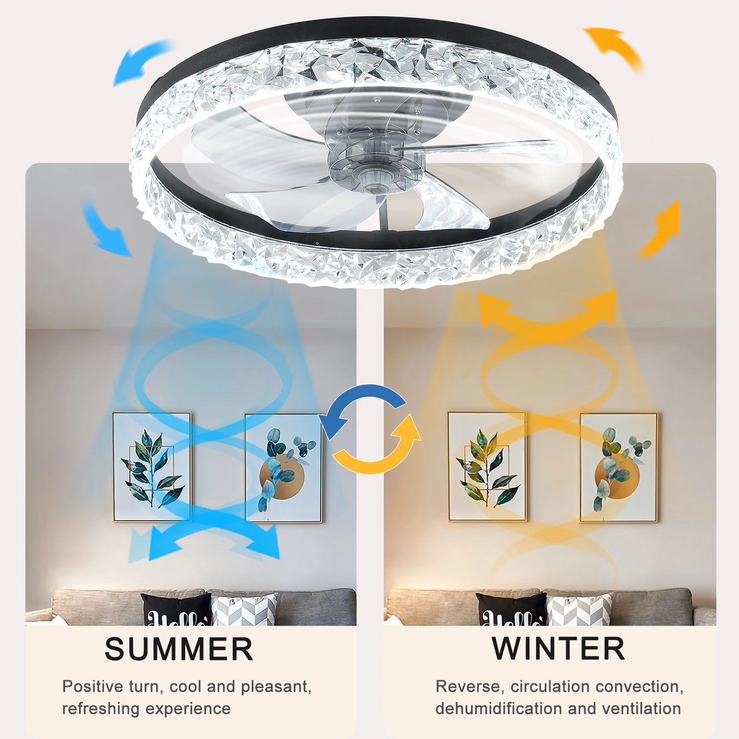 Modern acrylic black ceiling fan light with remote control, dimmable