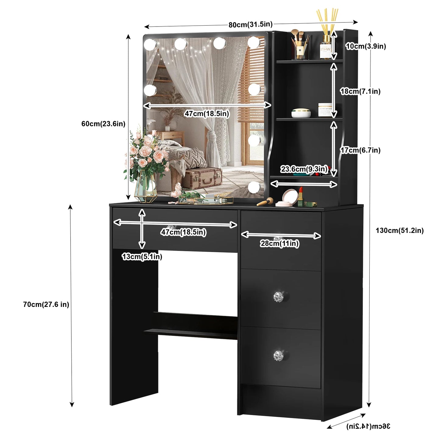 LED Vanity Set, 3 Light Modes Mirror, 4 Drawers & Stool