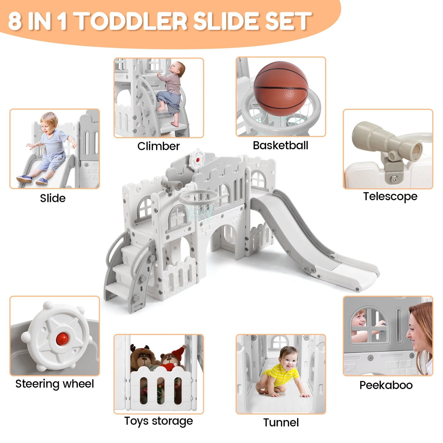 8 in 1 Toddler Slide Indoor Playground  with Basketball Hoop