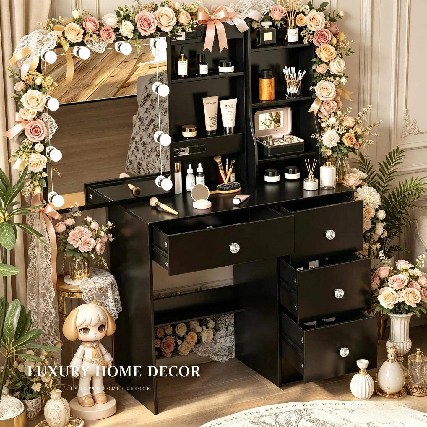 LED Vanity Set, 3 Light Modes Mirror, 4 Drawers & Stool
