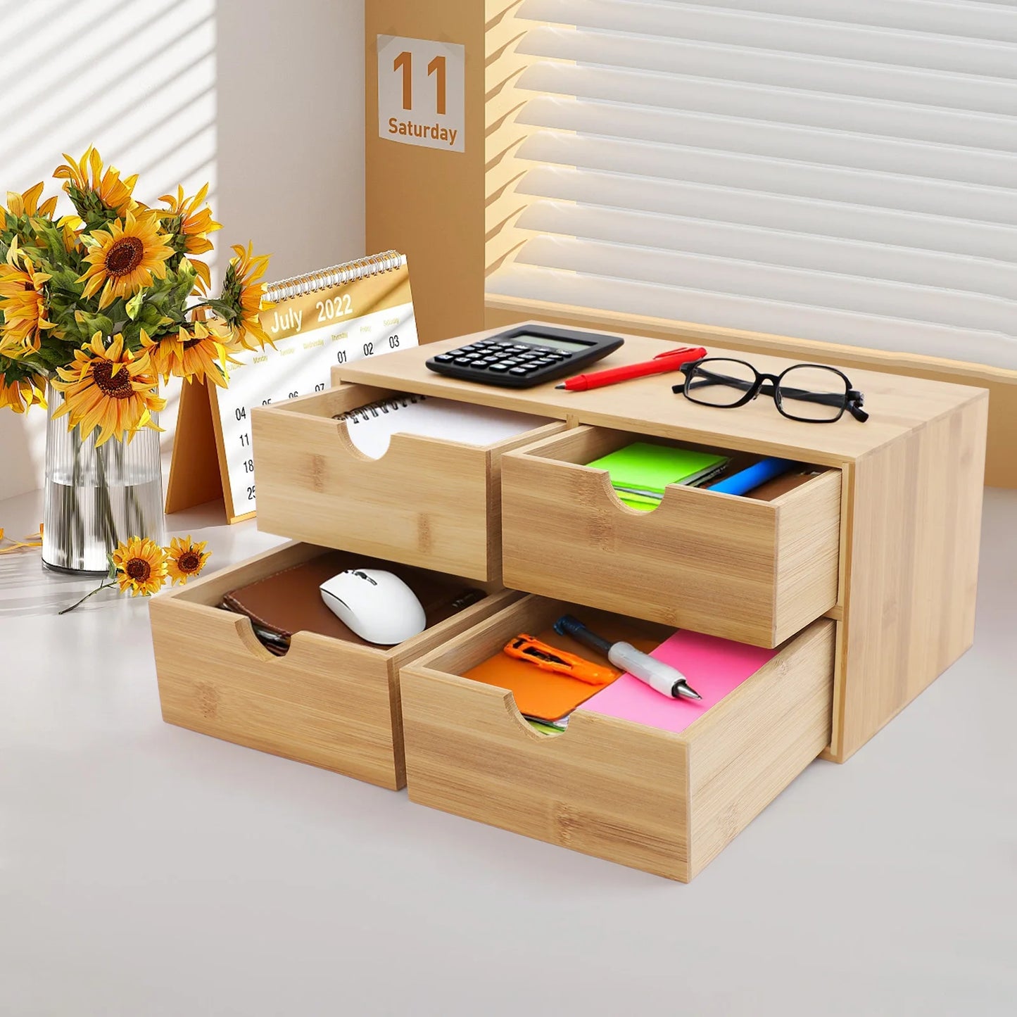4-Drawer Desktop Organizer Bamboo Tabletop Storage Organization Box