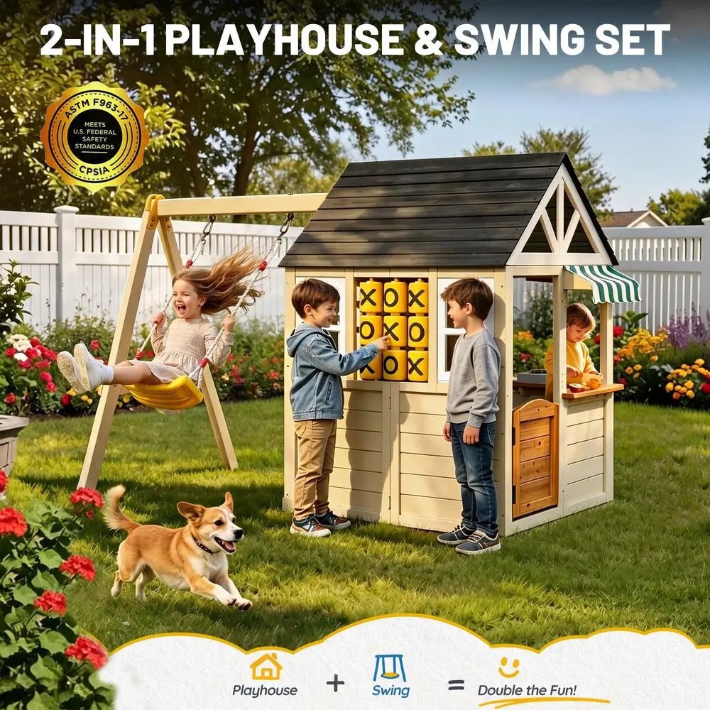 Playhouse with Swing Set for Kids, Cedar Wood Outdoor Playset