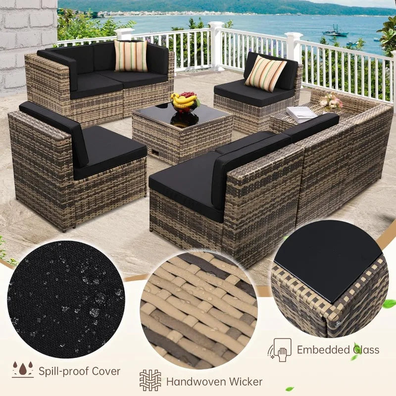 Outdoor Wicker Patio Furniture Set, Glass Table With Hidden Storage