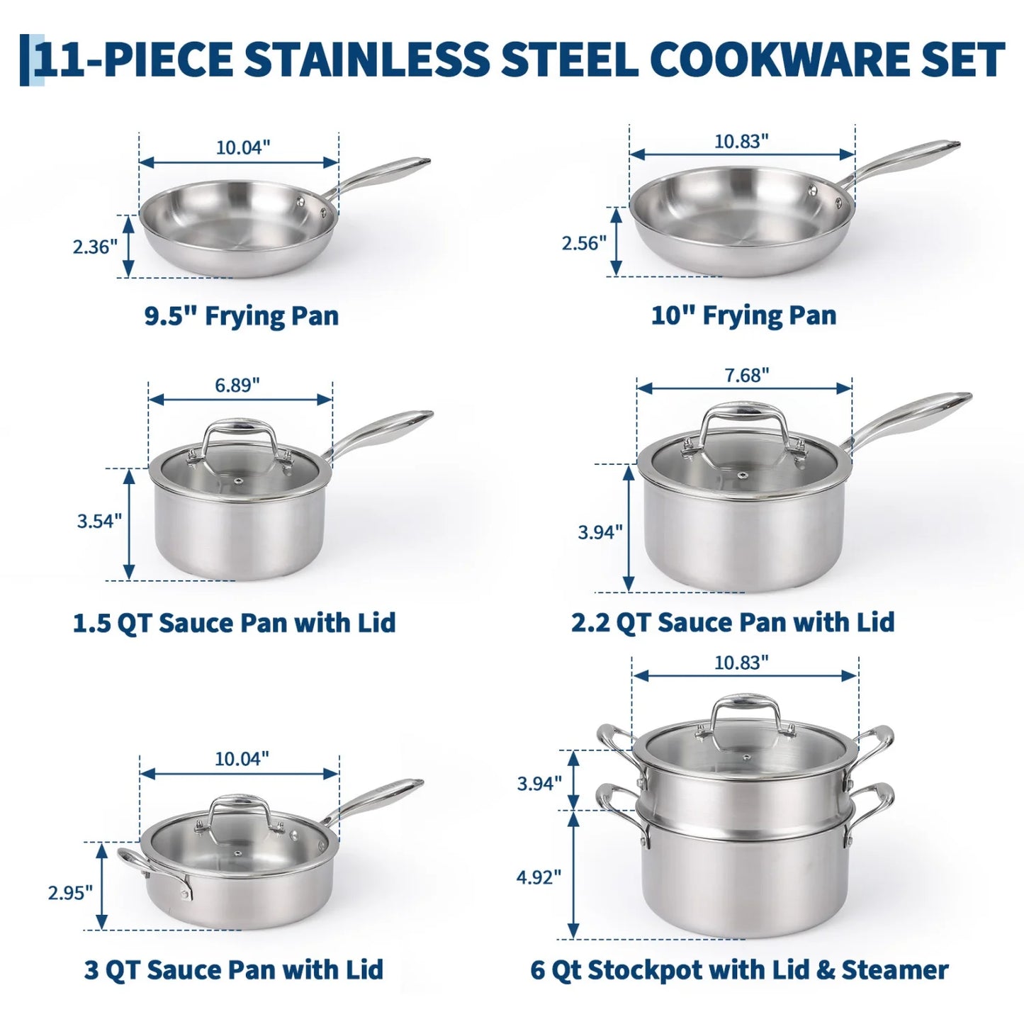 3 Ply Stainless Steel 11-Piece Cookware Set with Lids