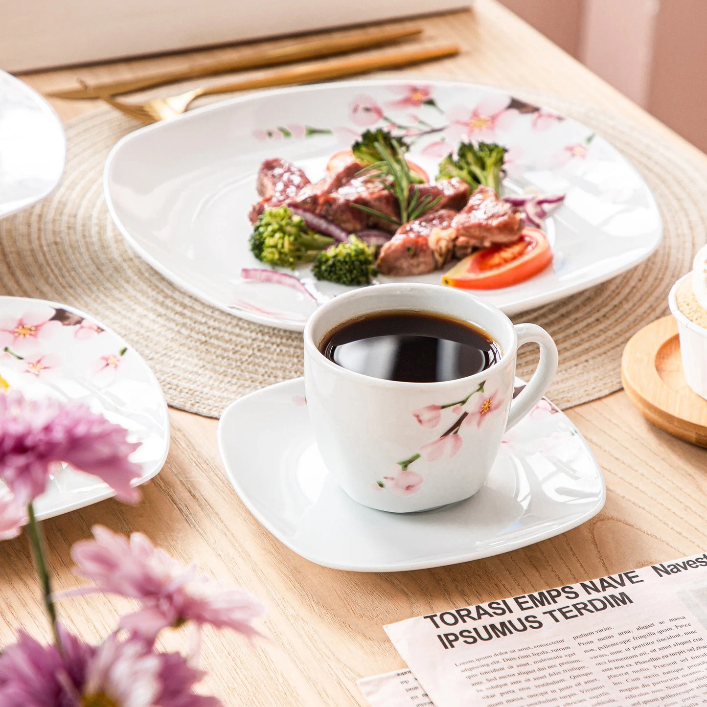60-Piece White Ceramic Pink Floral Porcelain Plate Set for 12