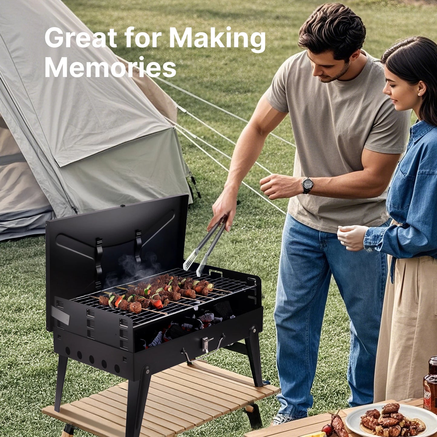 Portable Charcoal Grill, Foldable with Adjustable Heights, Easy to Clean