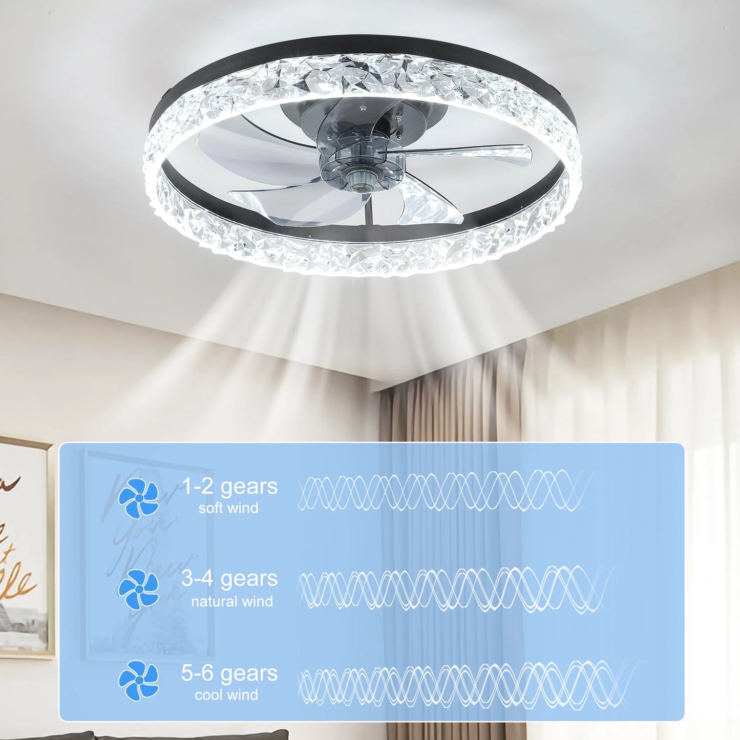 Modern acrylic black ceiling fan light with remote control, dimmable