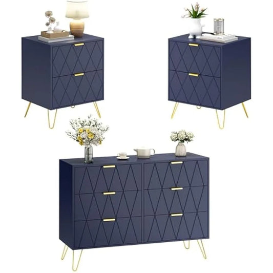 3 Pcs Bedroom Sets, 6 Drawer Dresser and Night Stands
