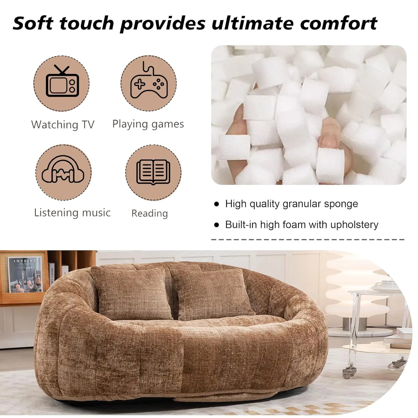 Bean Bag  Comfy Loveseat Sofa with 2 Pillows