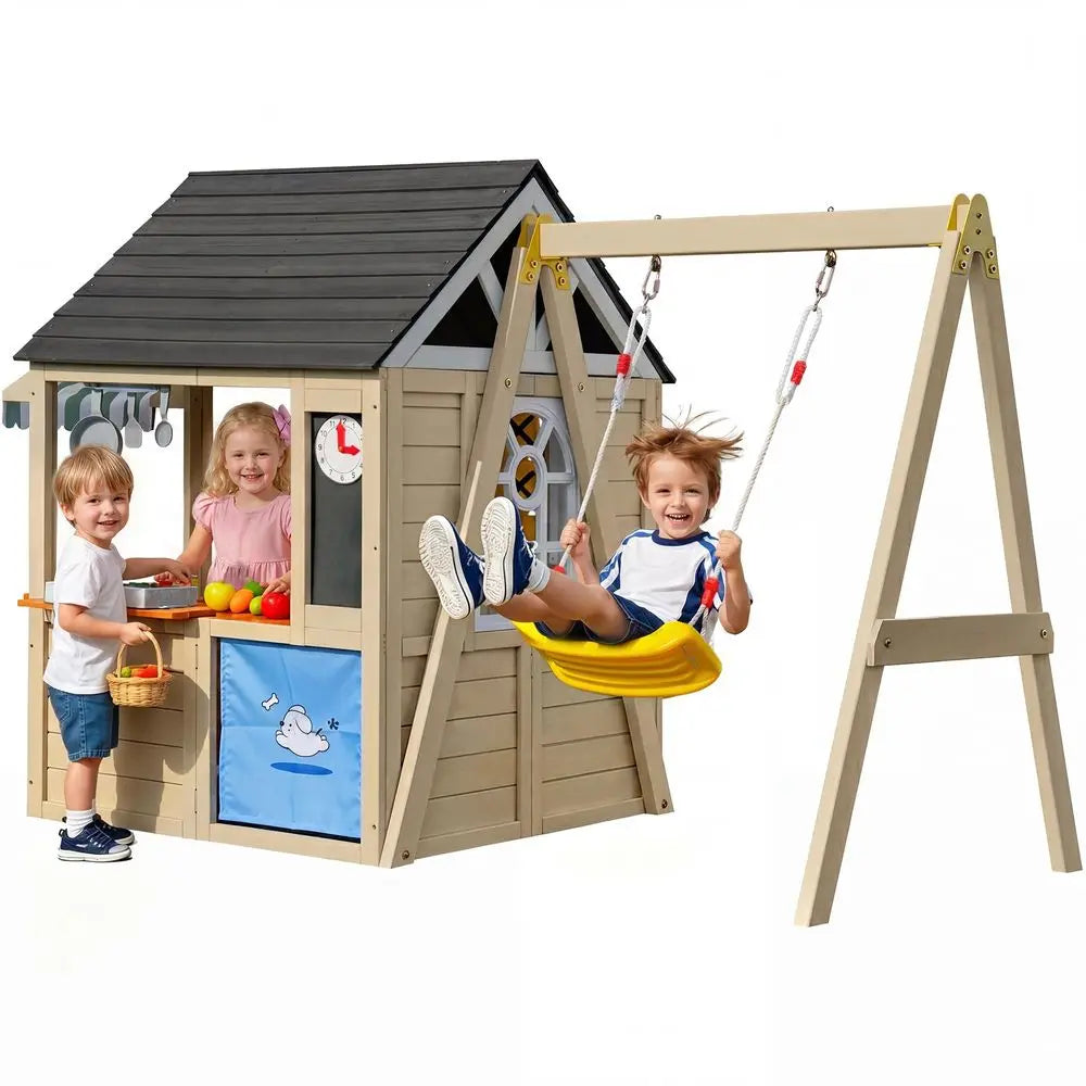 Playhouse with Swing Set for Kids, Cedar Wood Outdoor Playset
