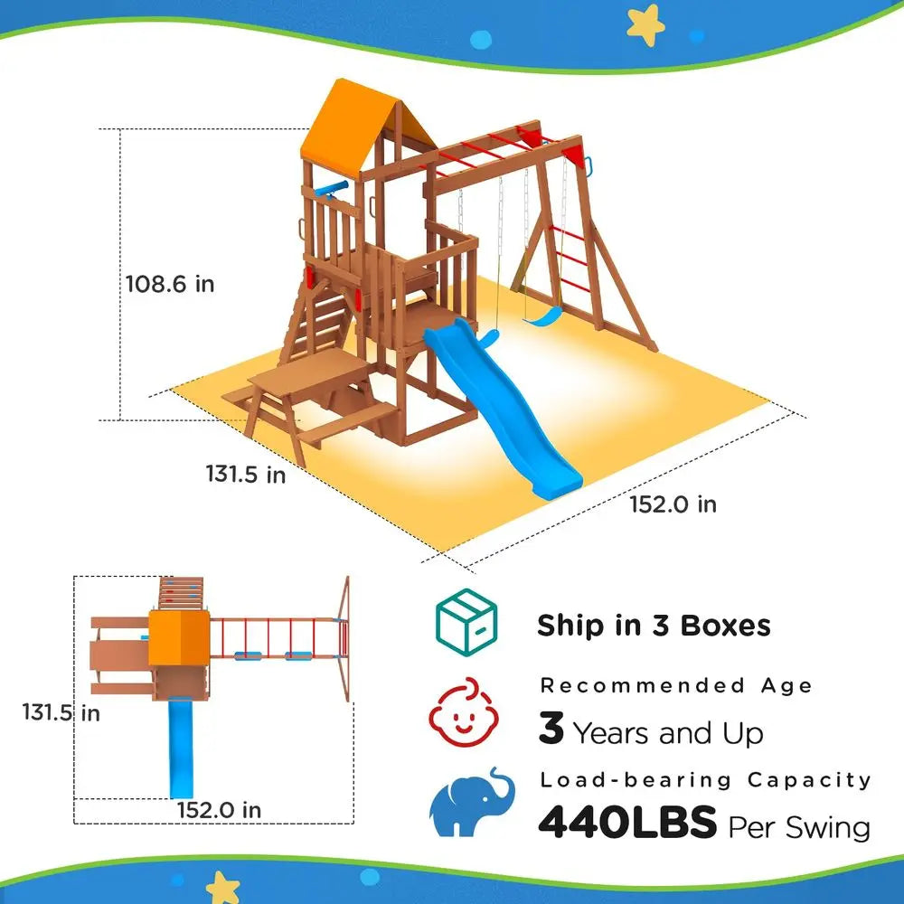 Playground Wooden Swing Sets  with 2-in-1 Outdoor Table, Wave Slide