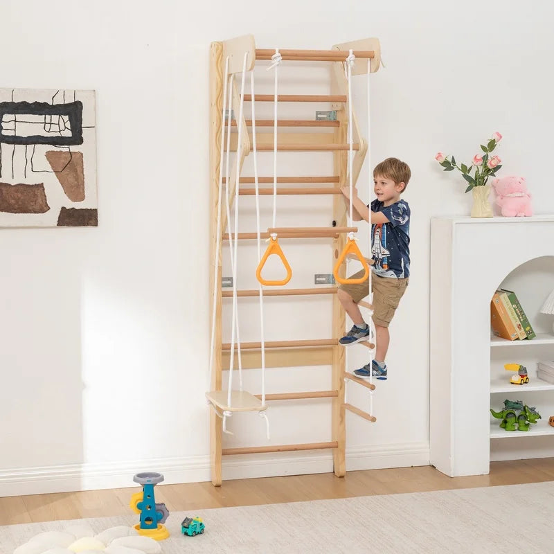 Swedish Ladder Wall Gym with Swing, Rope Ladder, Pull-Up Bar