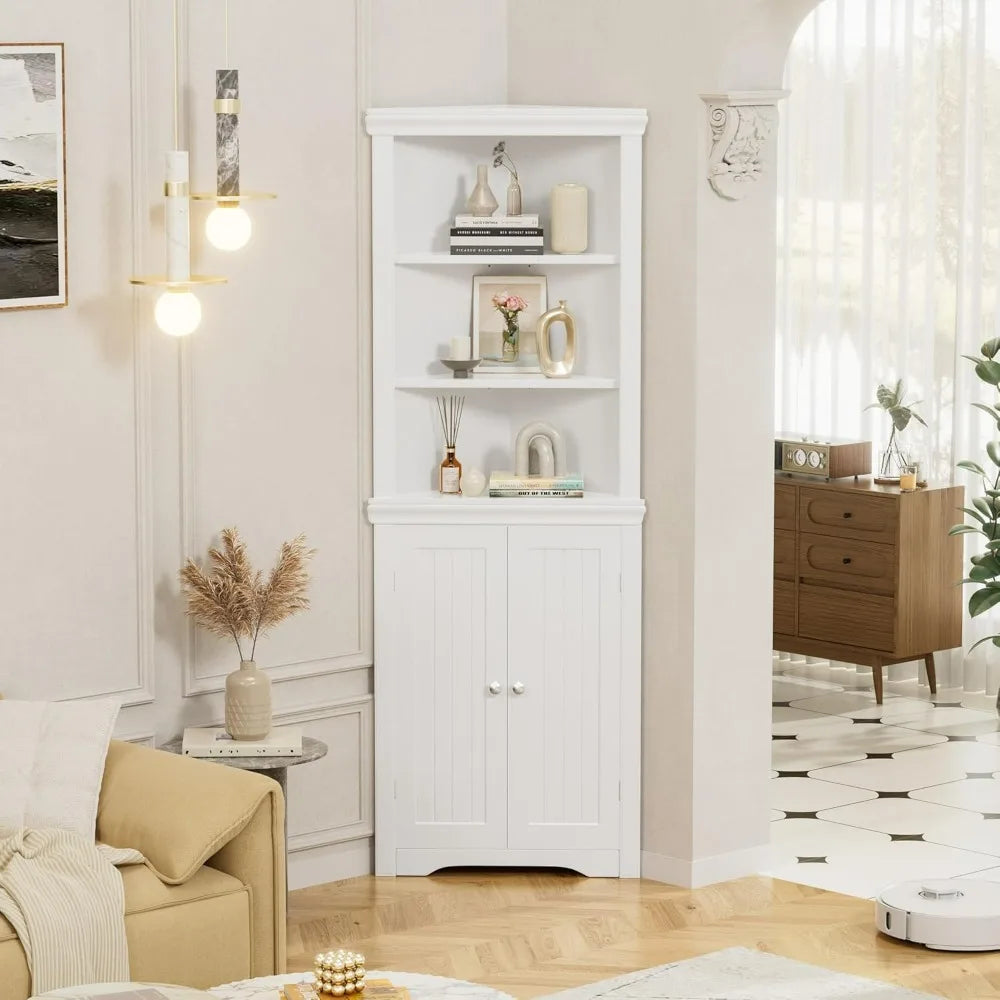 Corner Cabinet, Freestanding Corner Shelf with 2 Doors and 3 Shelves