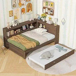 Full Size Daybed with Trundle and Storage Bookcase with LED Lights & USB Ports