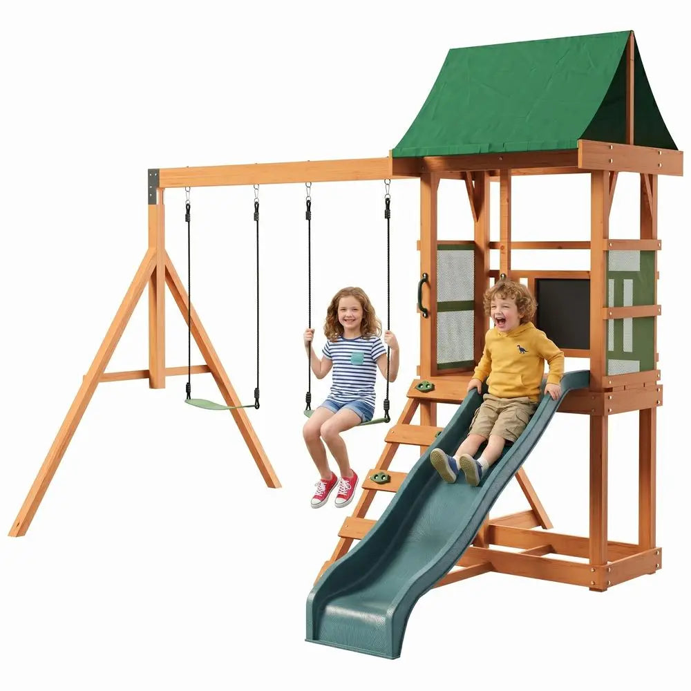 Outdoor Playset Sets with Wave Slide, Play Deck, Rock Wall Ladder