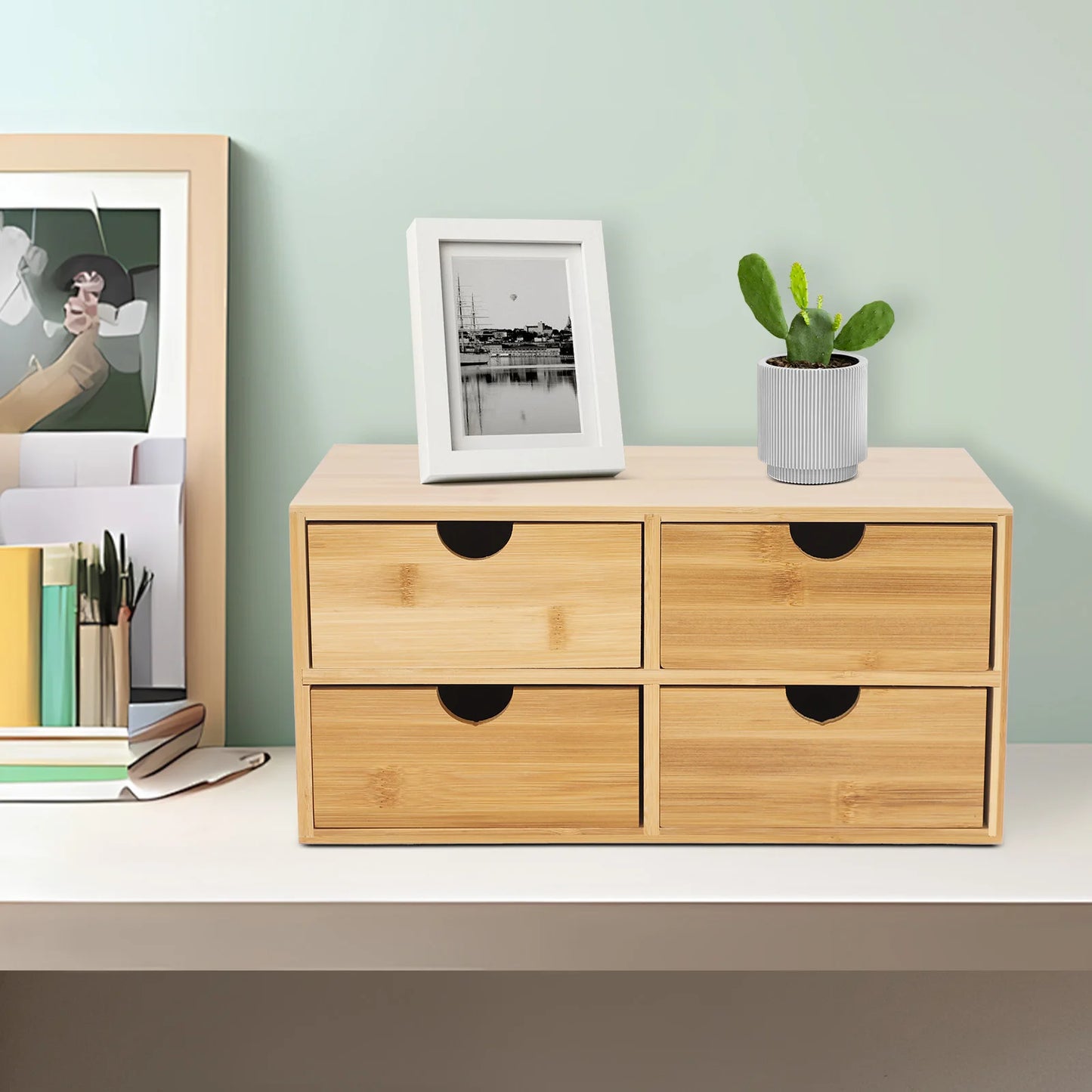 4-Drawer Desktop Organizer Bamboo Tabletop Storage Organization Box