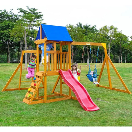 Wooden Swing Sets,  Rock Climbing Wall, Sandbox, Monkey bar, and More