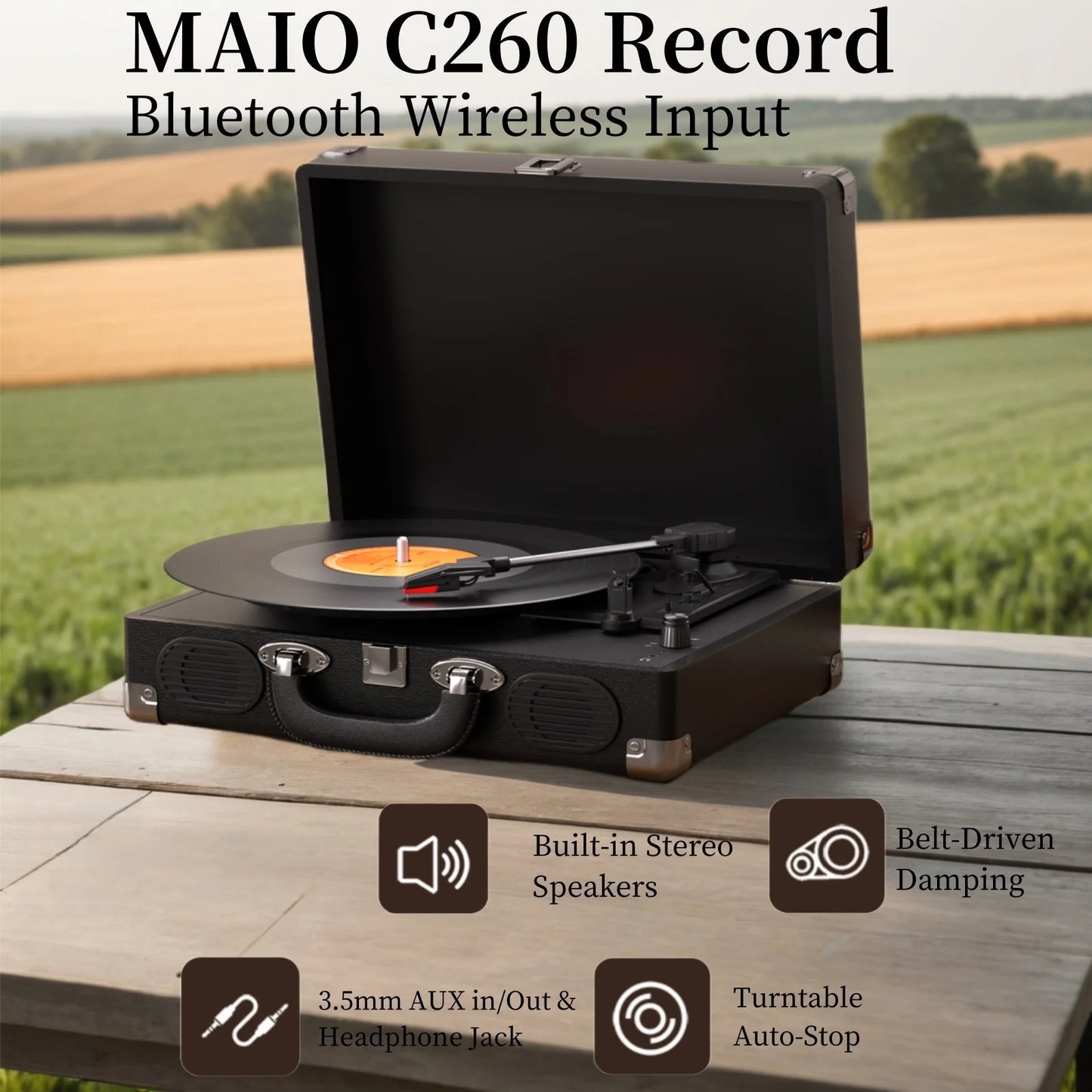 Vintage gramophone device with turntable, high-fidelity stereo, built-in speaker, 3-speed