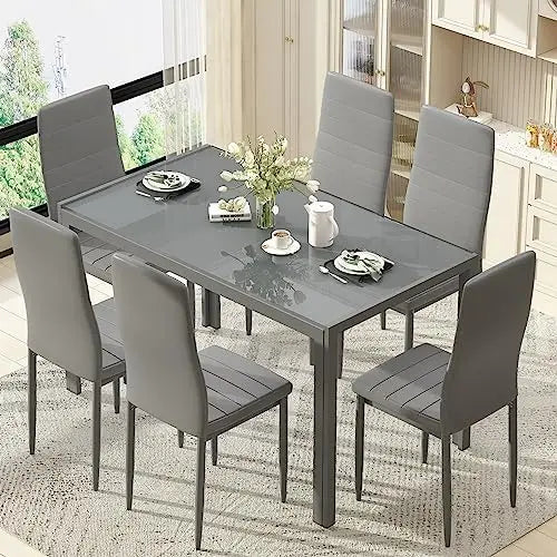 7-Piece Dining Set for 6, Glass Table & Leather Chairs