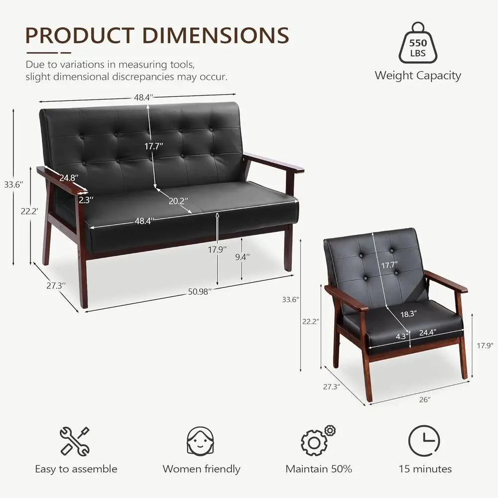 1 Loveseat Sofa and 2 Accent Chairs Set  Wood Arms