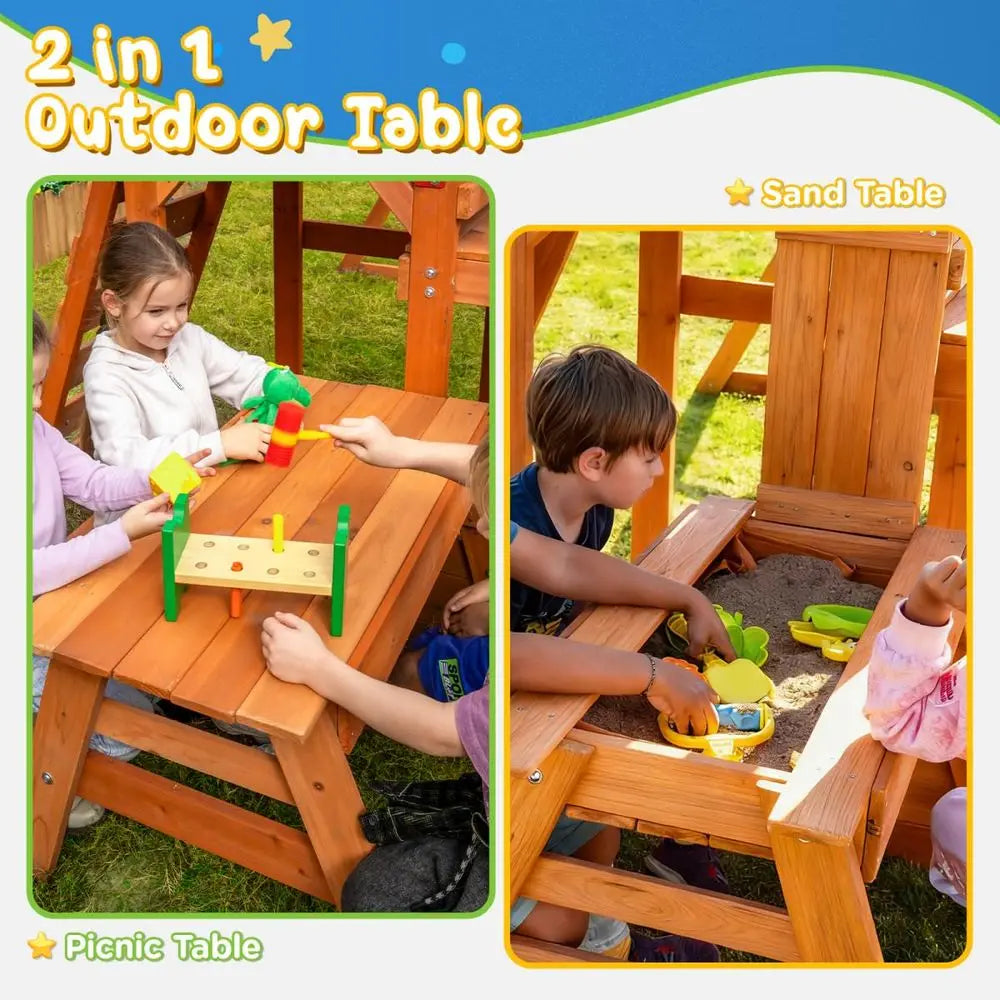 Playground Wooden Swing Sets  with 2-in-1 Outdoor Table, Wave Slide