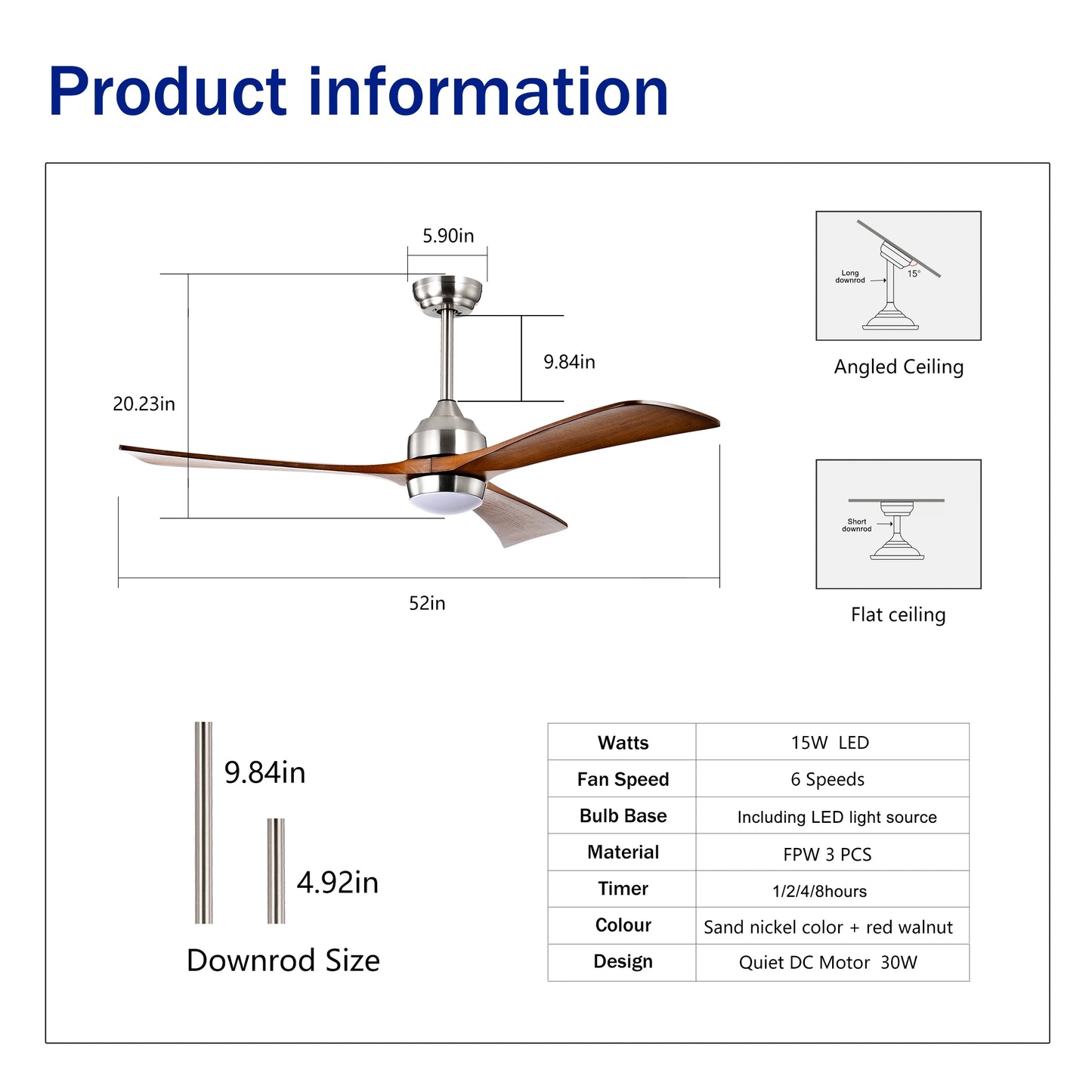 Solid Wood Blades Ceiling Fan with Light Remote Control