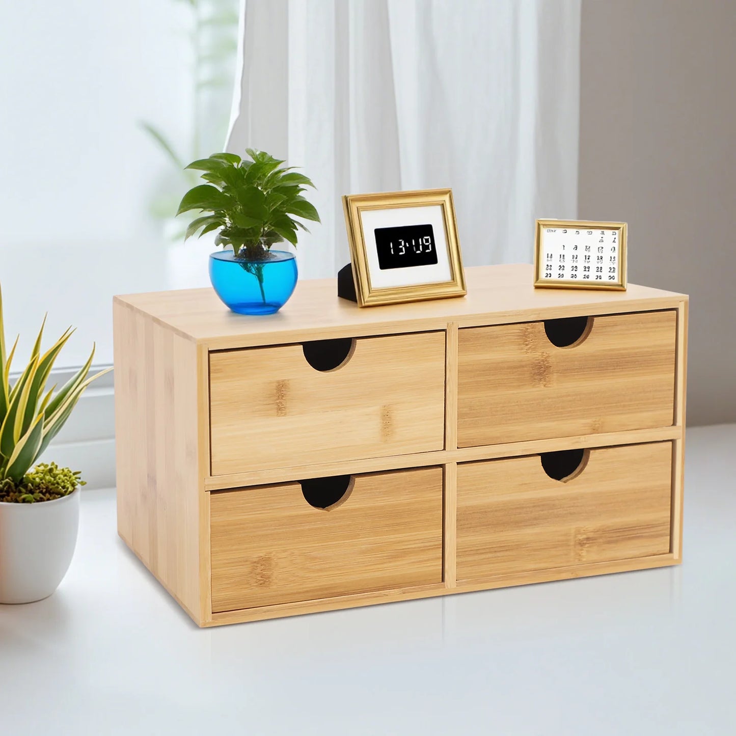 4-Drawer Desktop Organizer Bamboo Tabletop Storage Organization Box