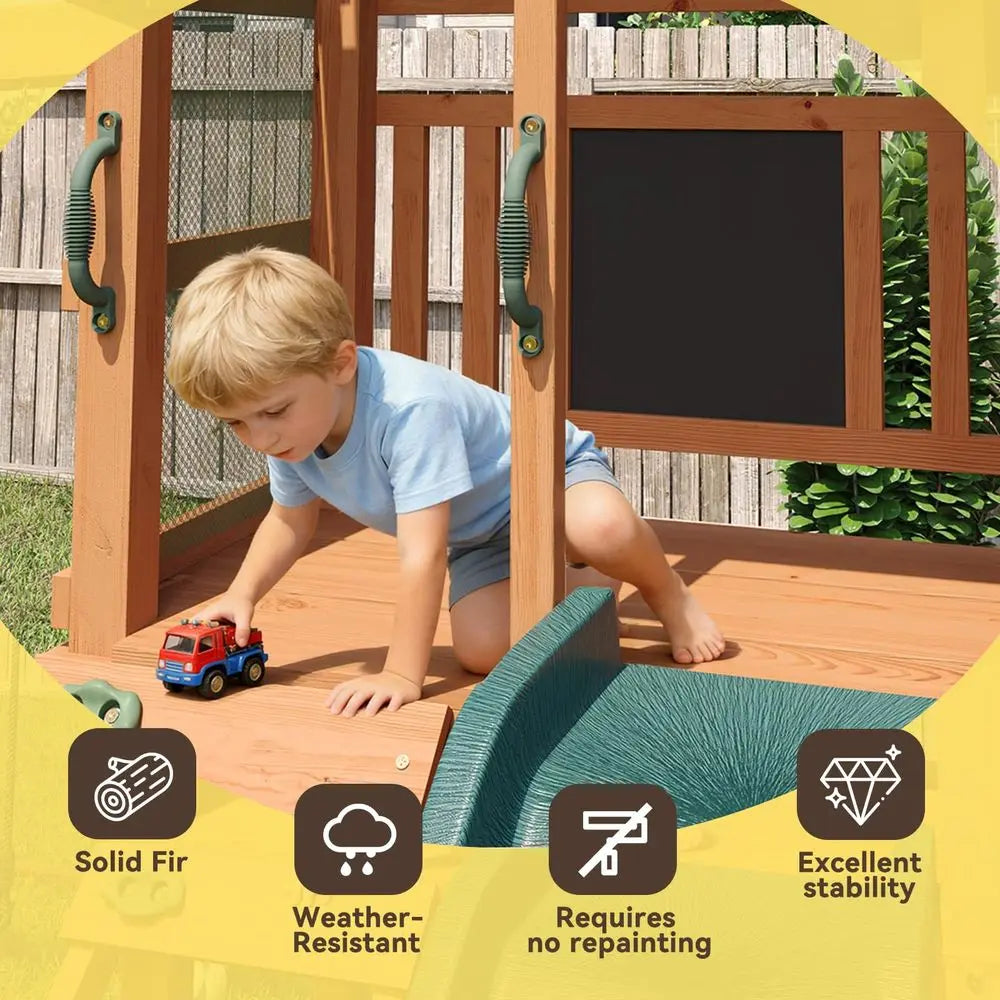 Outdoor Playset Sets with Wave Slide, Play Deck, Rock Wall Ladder