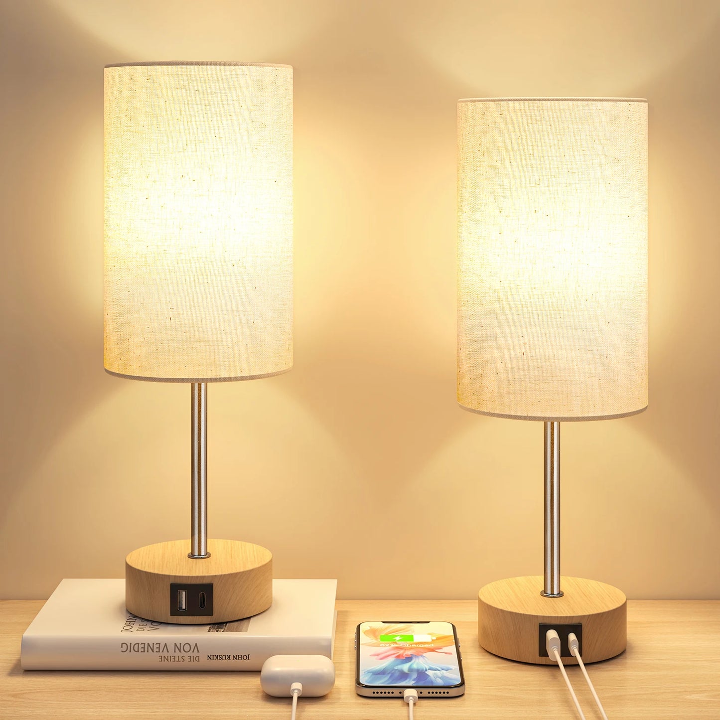 Small Table Lamp , 3 Way Dimmable, Touch Control, Dual Charging Ports