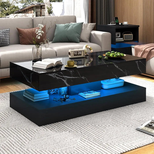 LED Coffee Table with 2 Sliding Drawers  with Marbling Print