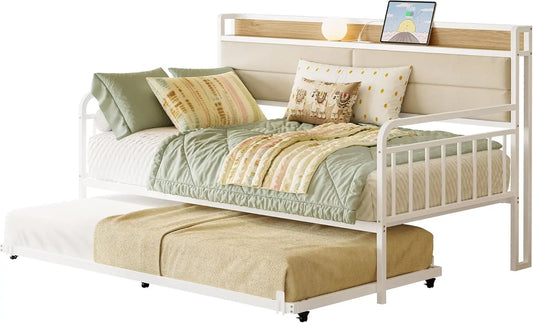 Daybed with Trundle, with Upholstered Headboard and Charging Station