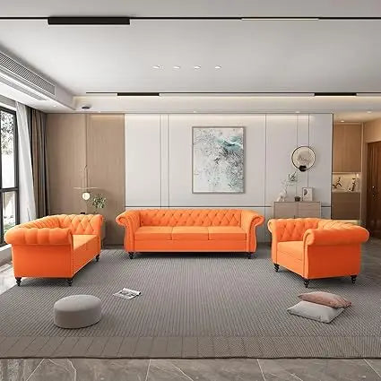 3 Piece Living Room Set- Velvet Chesterfield Sofa Loveseat  Chair