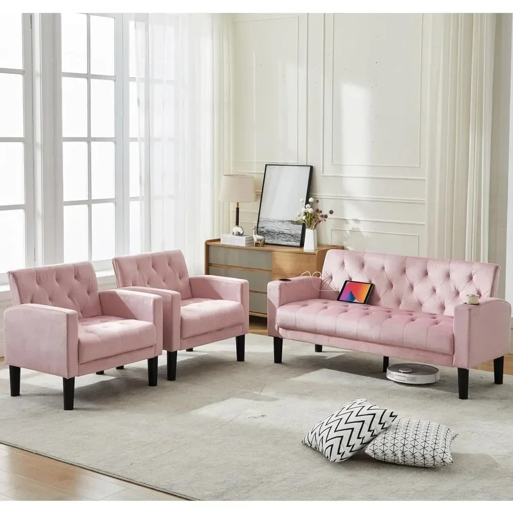 Mid-Century Loveseat Sofa Set w/ 2 USB & 2 Cupholders