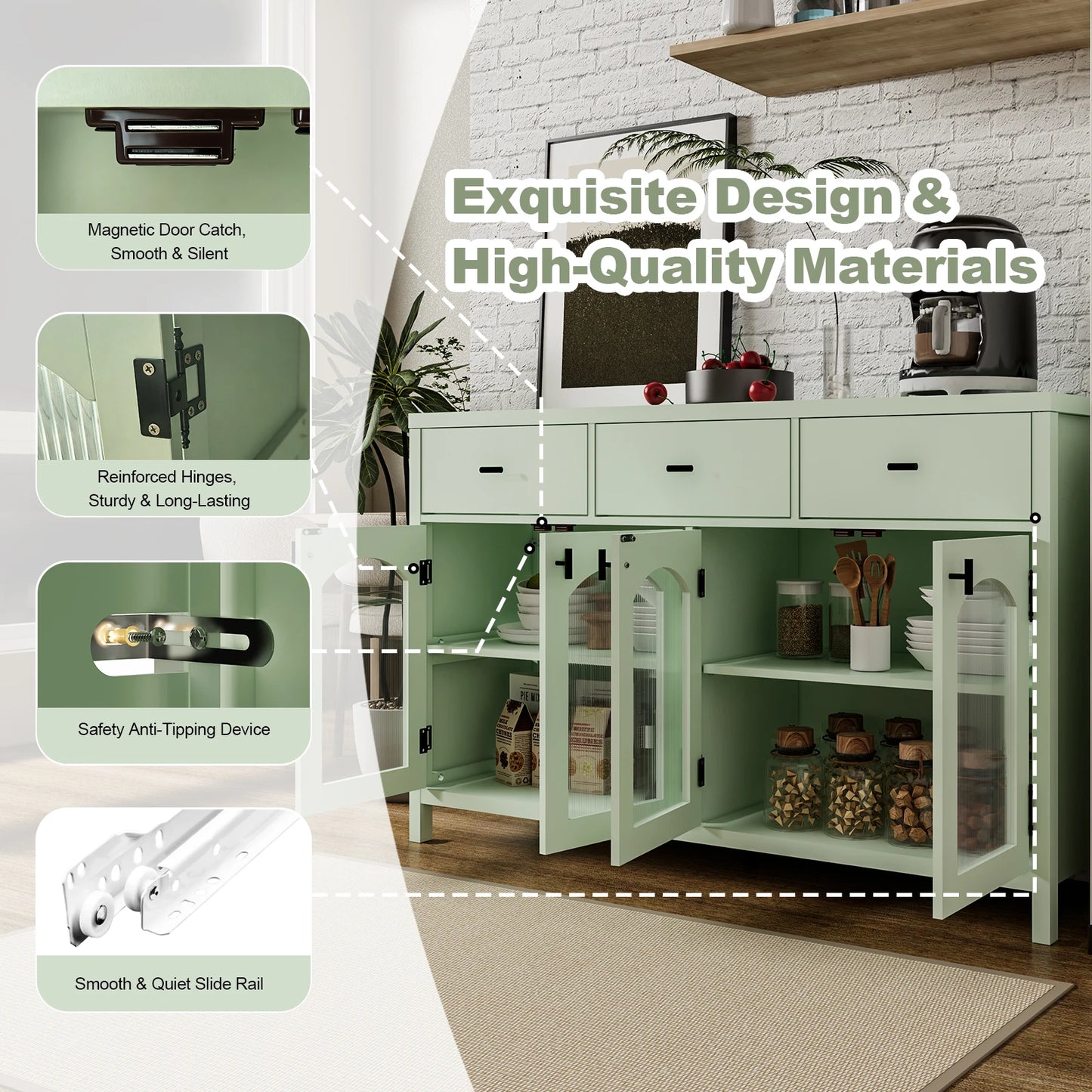 Sideboard Buffet Cabinet with 3 Drawers & 4 Arched Fluted Glass Doors