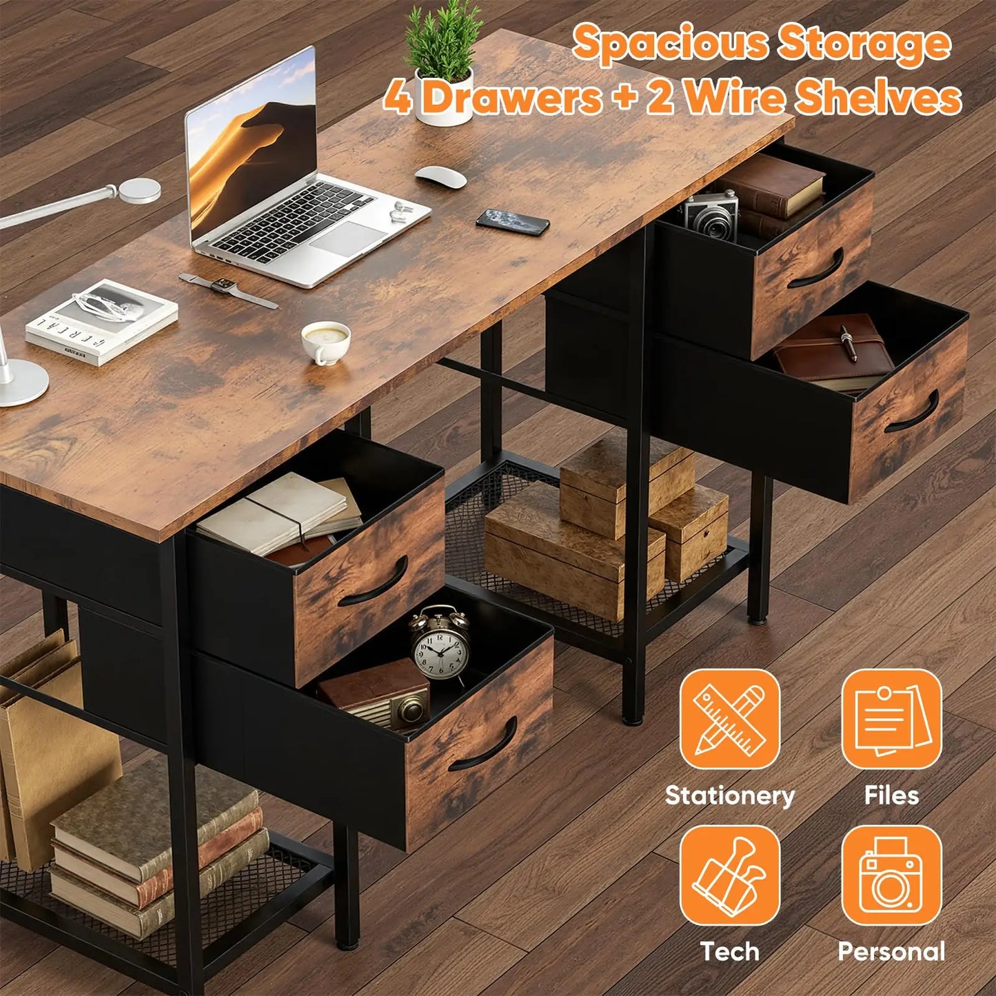 Computer Desk with 4 Drawers Home Office Table with Mesh Shelf