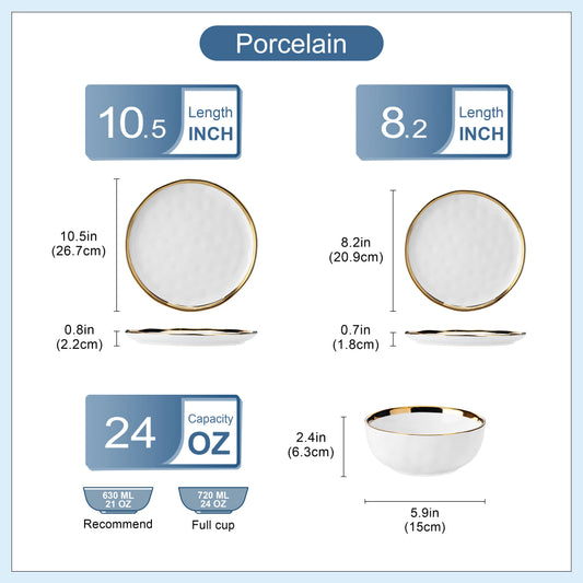 12/24 Piece Ceramic Porcelain White and Golden Rim Dinnerware Sets