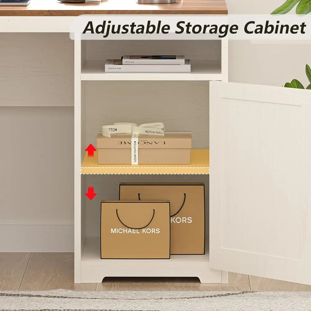 L-Shaped  Executive Desk with Drawers & Storage Shelves and Power Outlets