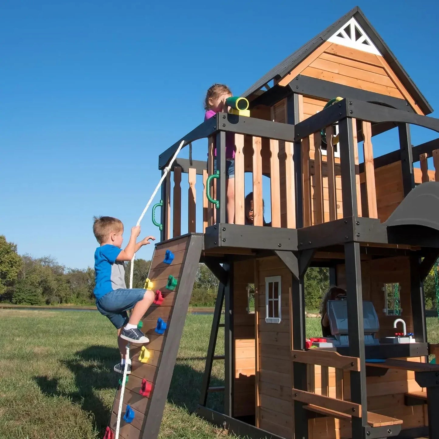 Canyon Creek Cedar Wood Swing Set with Wave Slide, Clubhouse